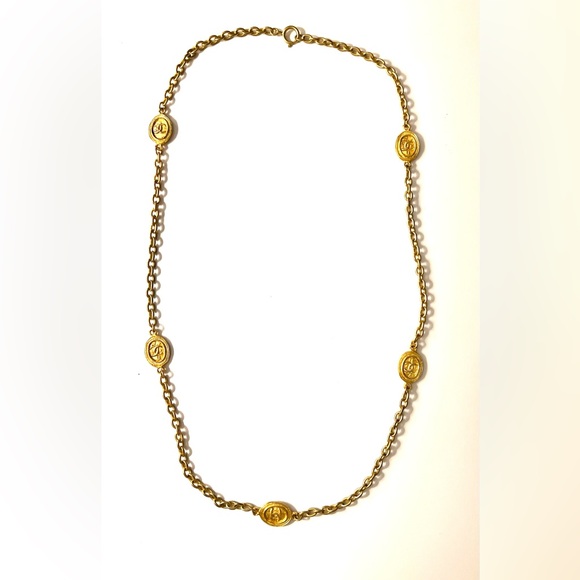 CHANEL Jewelry - Vintage CC Chanel Gold Chain Station Necklace with Medallion Accents